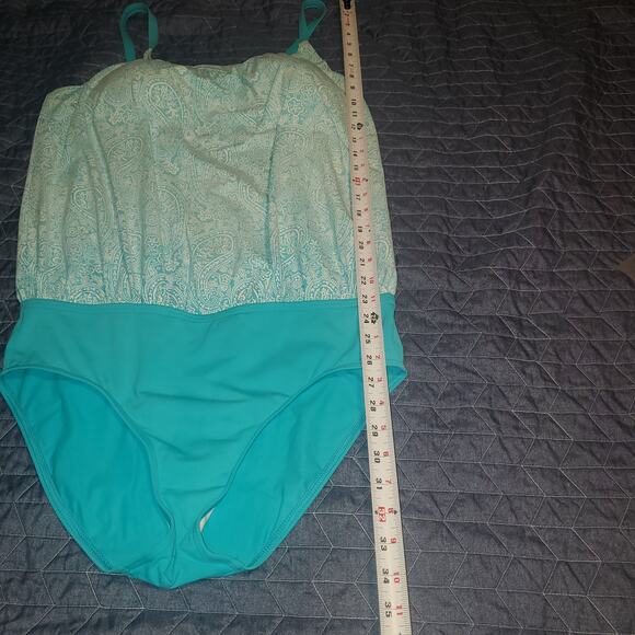 Lands End Size 12T Tall Long Women's Paisley One Piece Full Swimsuit Aqua Padded - Picture 9 of 9